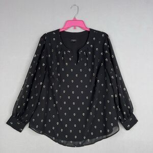 Talbots Shirt Women 1X Black Metallic Heart AOP Twee Soft Girl Coquette Romantic